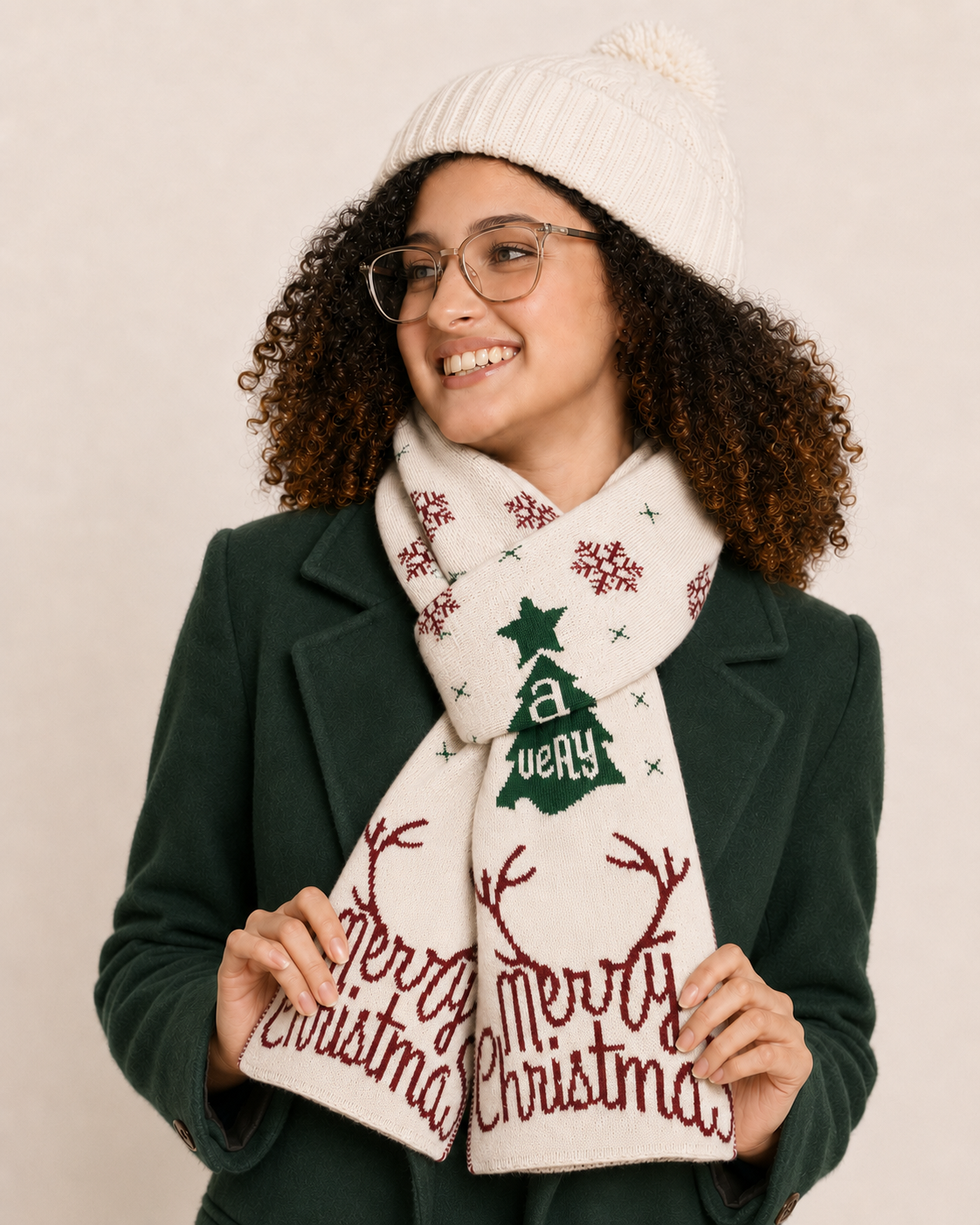 Merry Christmas reindeer scarf portrait