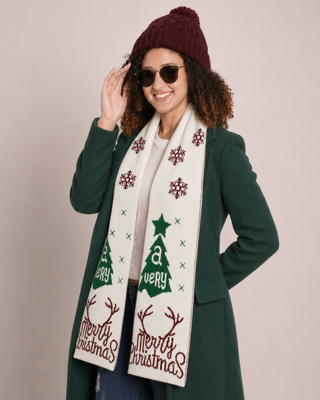 Portrait with festive scarf and forest-green coat